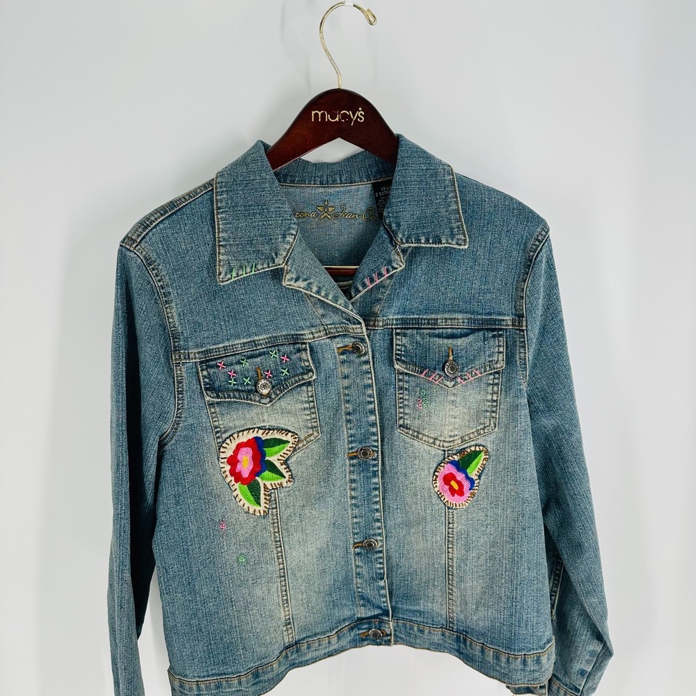 Arizona Embroidered Flowers Notch Collar Retro Style Denim Jacket Blue‎ Size 2XL